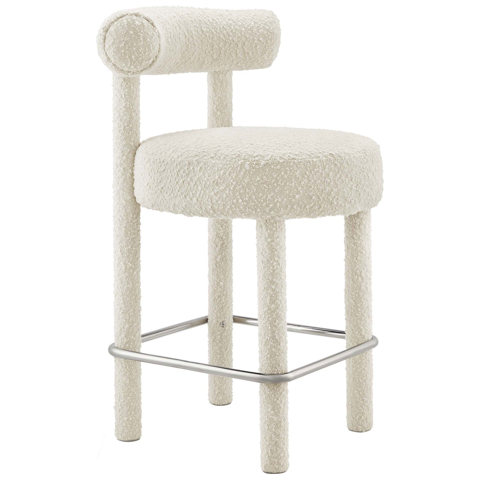 Ivory boucle counter stool with rounded seat, tubular legs, and polished silver footrest ring || EEI-6383-IVO-SLV || front_angle_studio