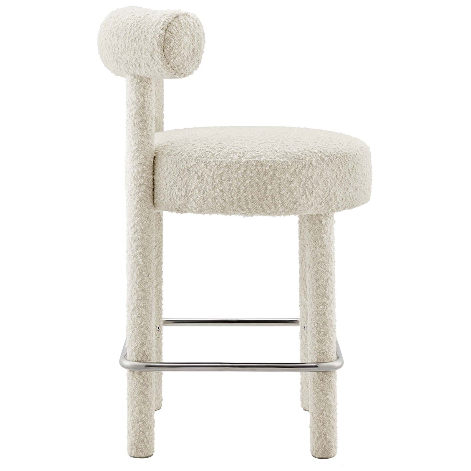 Sleek silhouette highlighting the rolled bolster back and boucle texture with silver footrest || EEI-6383-IVO-SLV || side_studio