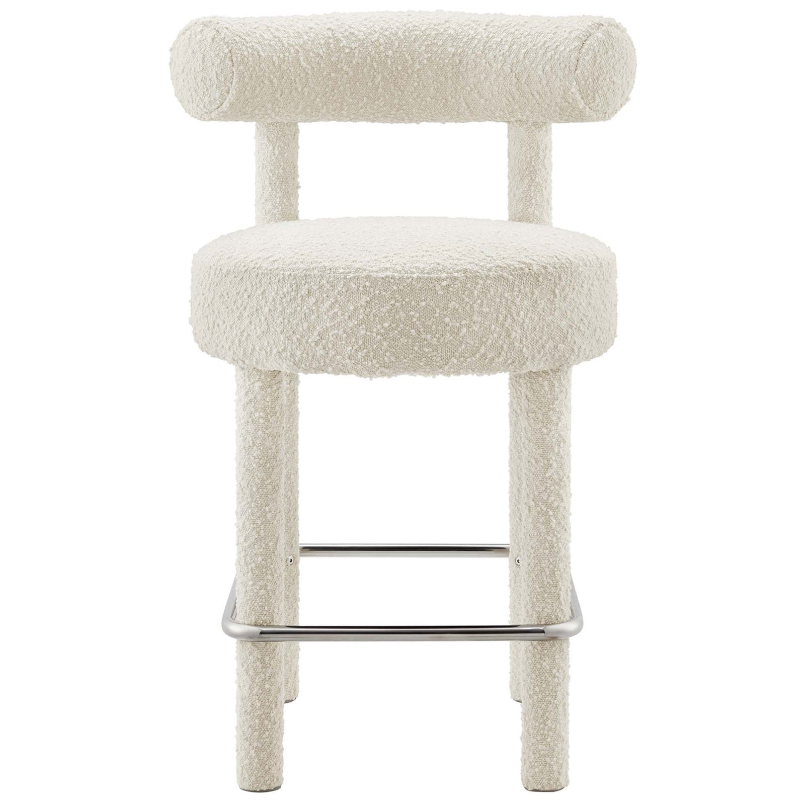 Modern ivory boucle counter stool with circular seat and supportive foam cushioning || EEI-6383-IVO-SLV || front_studio