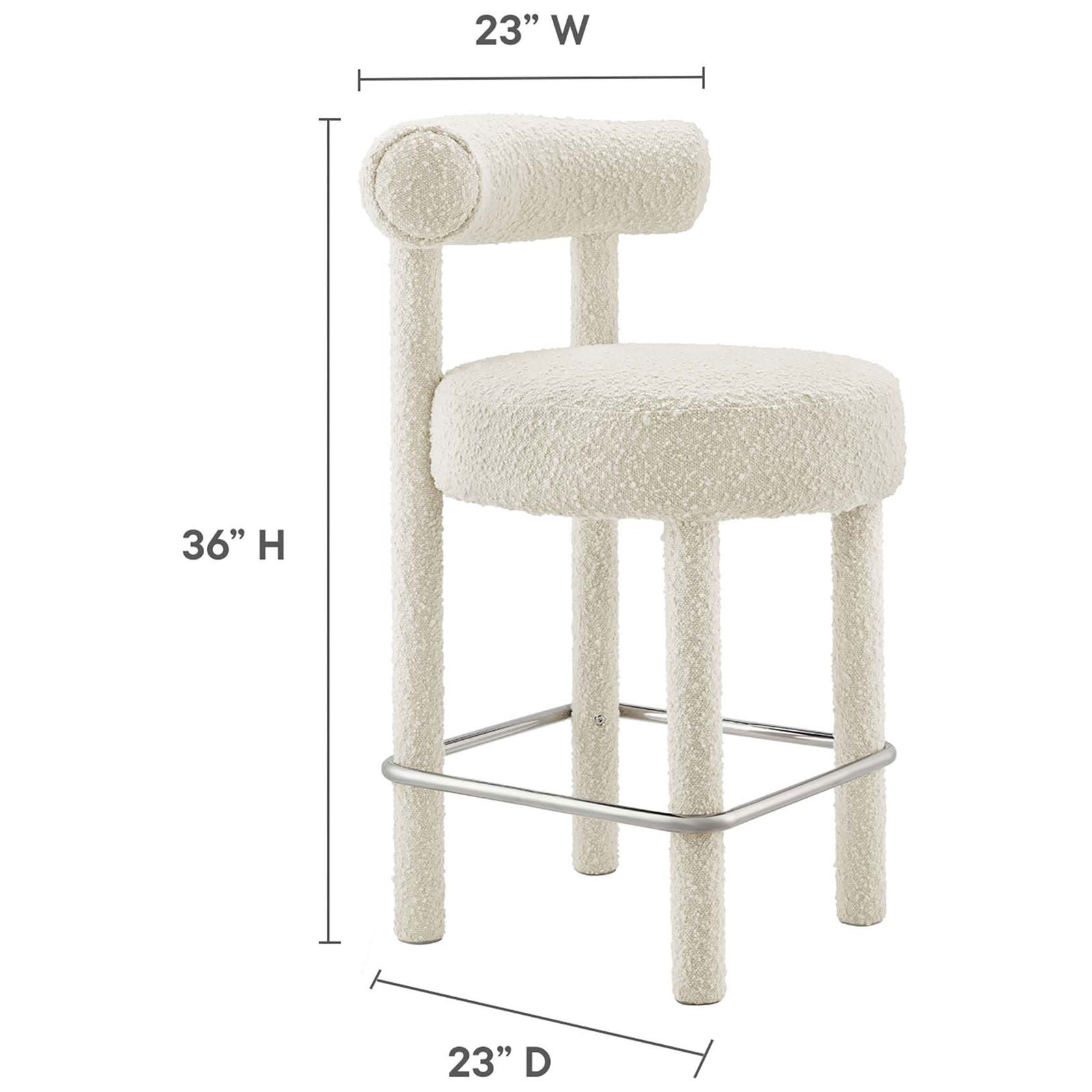 Dimensions: 23 in wide by 23 in deep by 36 in high counter stool || EEI-6383-IVO-SLV || dimension_studio