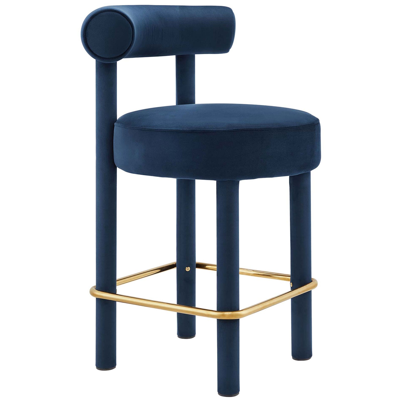 Plush round seat and tubular legs add modern charm to this velvet counter stool || EEI-6384-MID-GLD || front_angle_studio