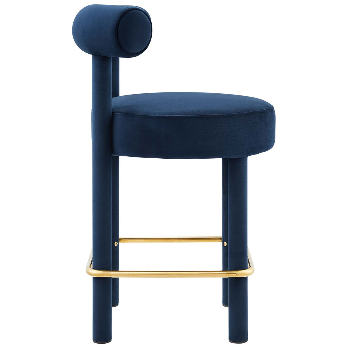 Sleek profile highlights the rolled backrest and cushioned round seat in performance velvet || EEI-6384-MID-GLD || side_studio