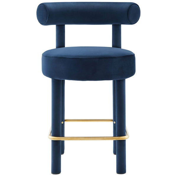 Midnight blue velvet counter stool with bolster back and gold wraparound footrest || EEI-6384-MID-GLD || front_studio