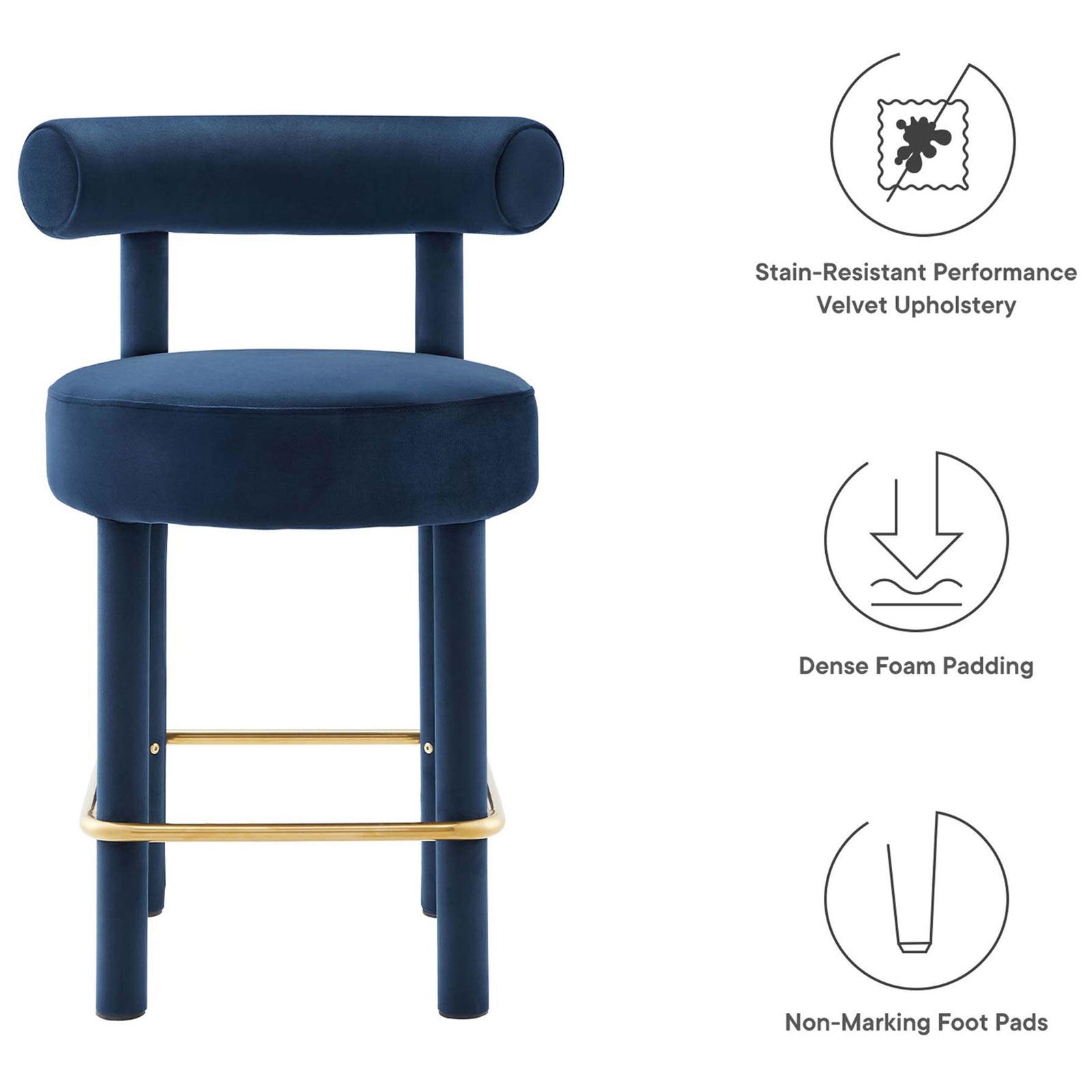 Stain-resistant velvet, dense foam, and non-marking foot pads for everyday durability || EEI-6384-MID-GLD || callout_studio