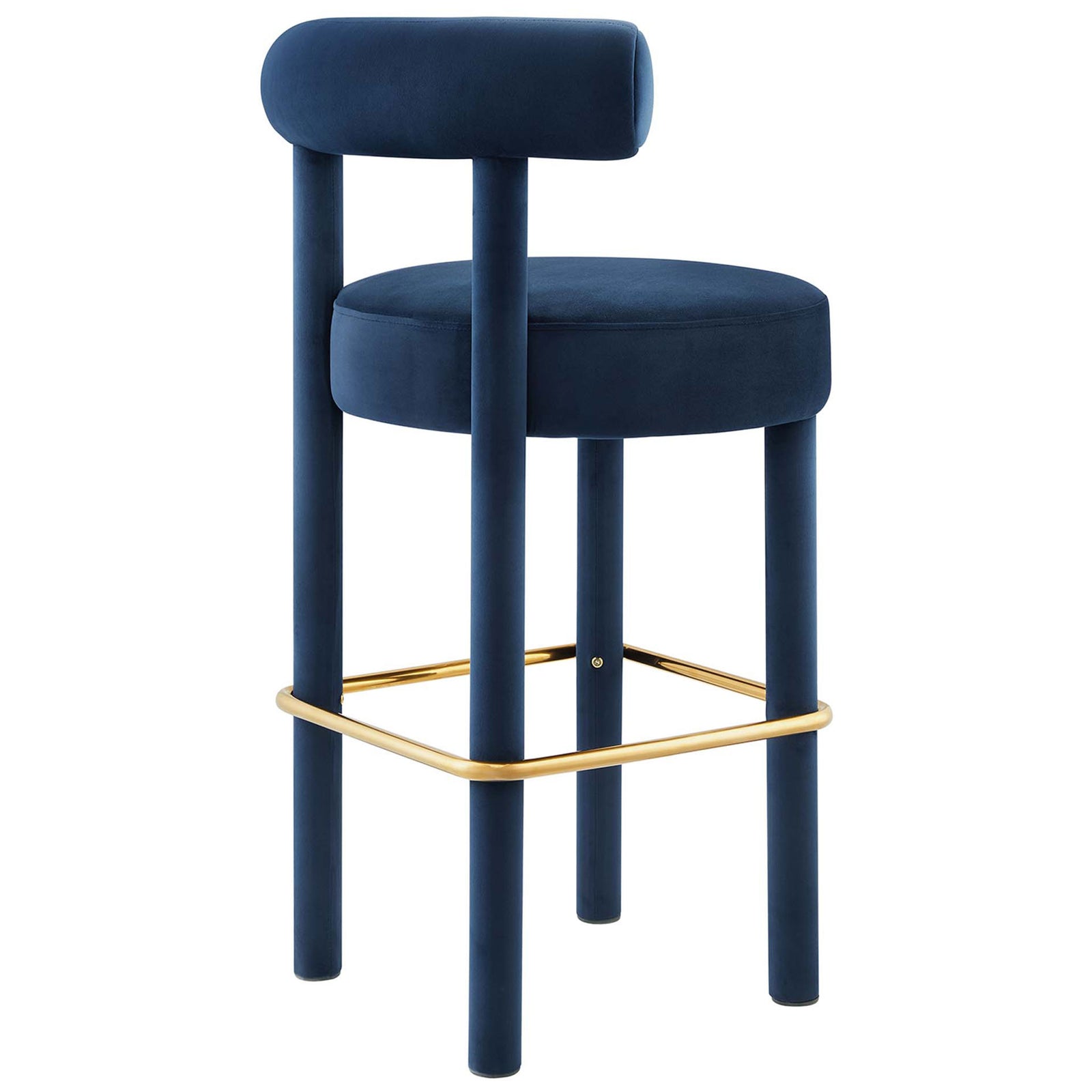 Cylindrical back cushion and velvet upholstery bring deco flair to bar seating || EEI-6386-MID-GLD || back_angle_studio