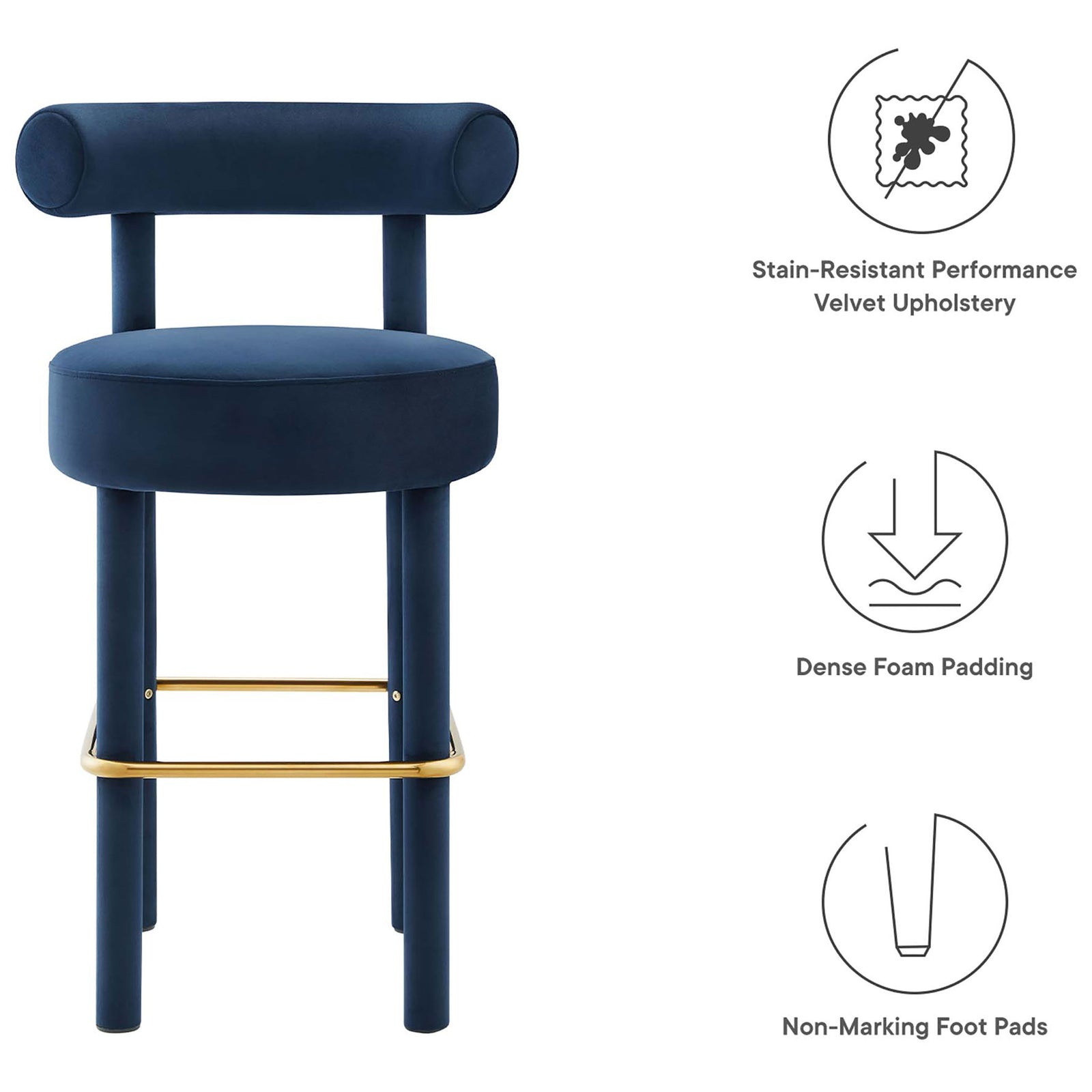 Stain-resistant velvet, dense foam padding, and non-marking foot pads || EEI-6386-MID-GLD || callout_studio