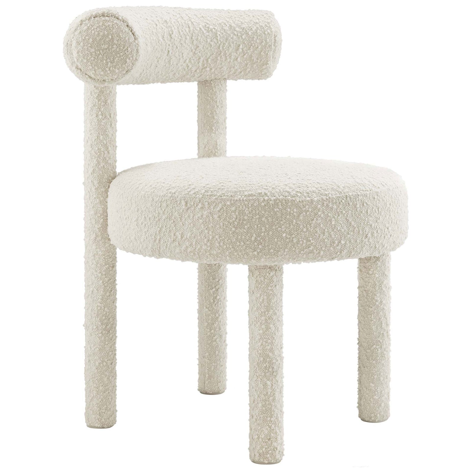 Sculptural ivory boucle dining chair with slim cylindrical legs and rounded bolster backrest detail || EEI-6387-IVO || front_angle_studio