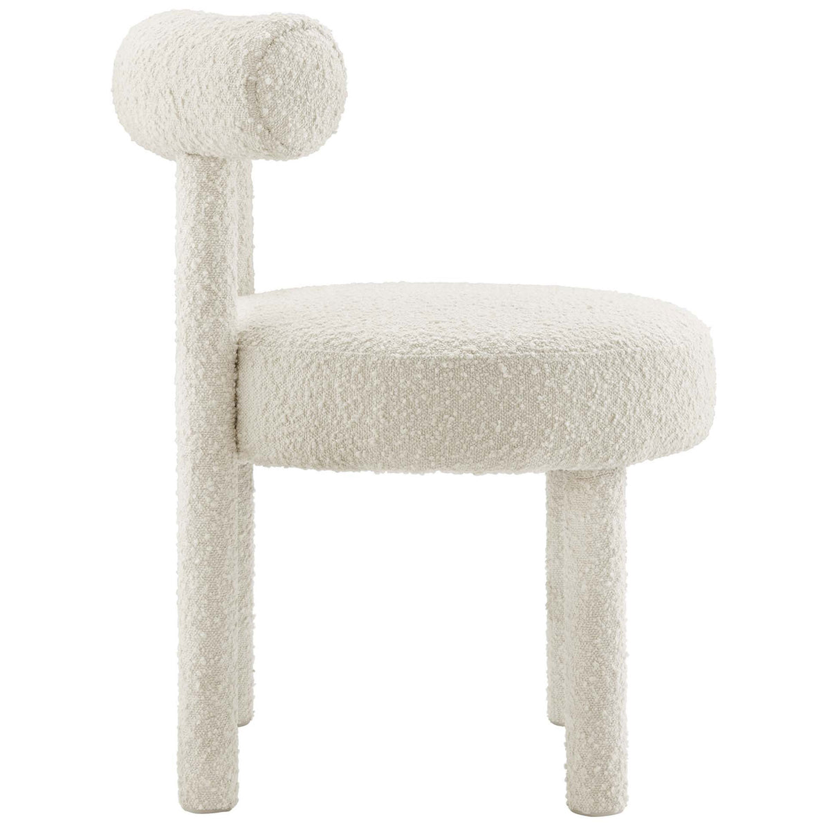 Ivory boucle dining chair featuring textured upholstery, cylindrical legs, and a gracefully curved back cushion || EEI-6387-IVO || side_studio