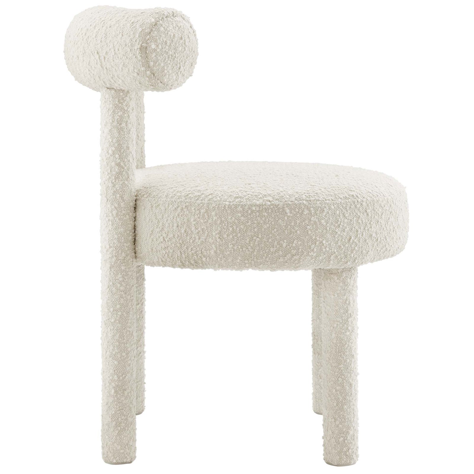 Ivory boucle dining chair featuring textured upholstery, cylindrical legs, and a gracefully curved back cushion || EEI-6387-IVO || side_studio