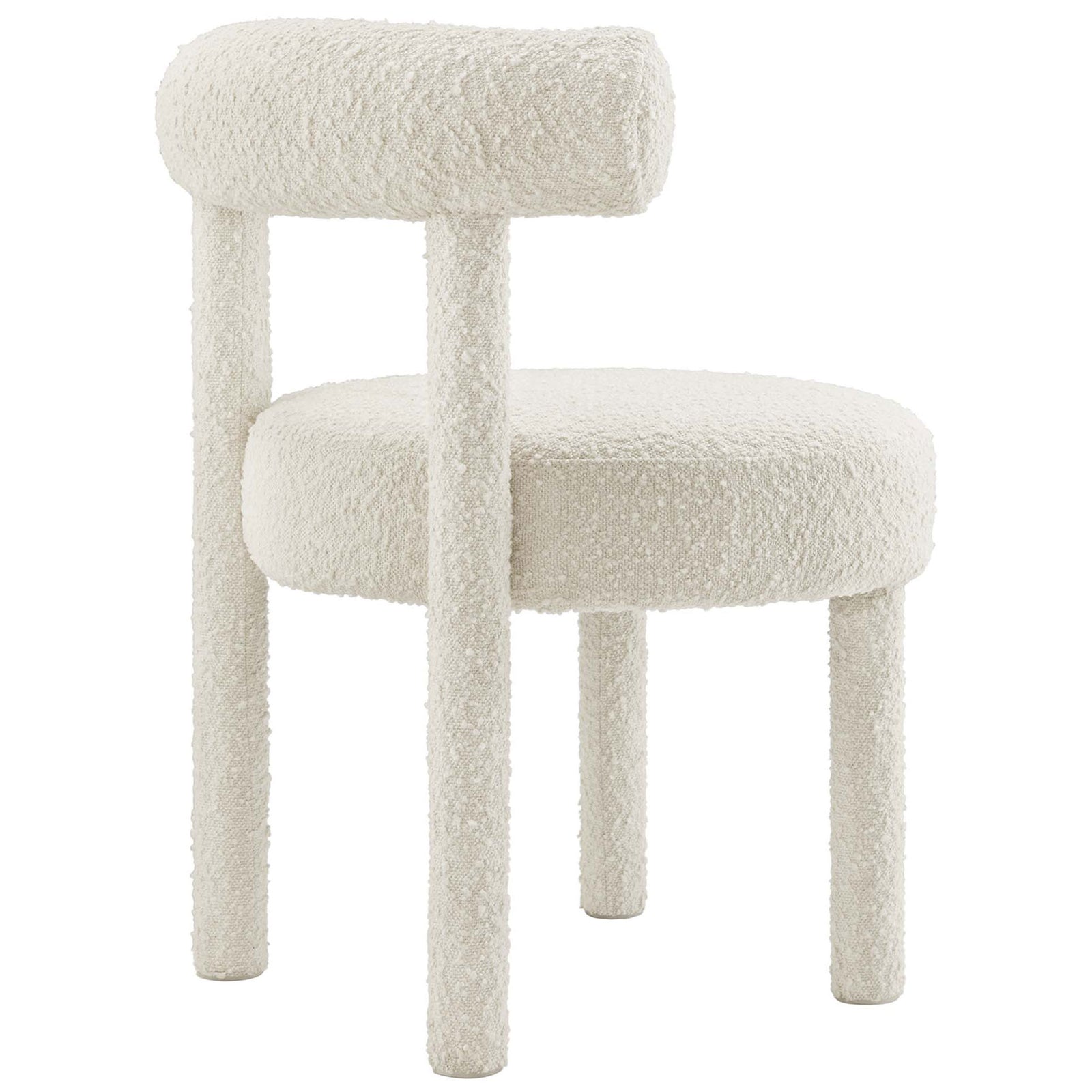 Ivory boucle dining chair showcasing its wraparound bolster back and thick cushioned boucle seat || EEI-6387-IVO || front_angle_studio