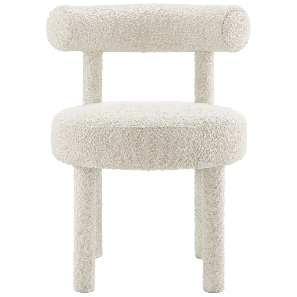Ivory boucle dining chair with curved bolster back and plush round seat for modern glam comfort || EEI-6387-IVO || front_studio
