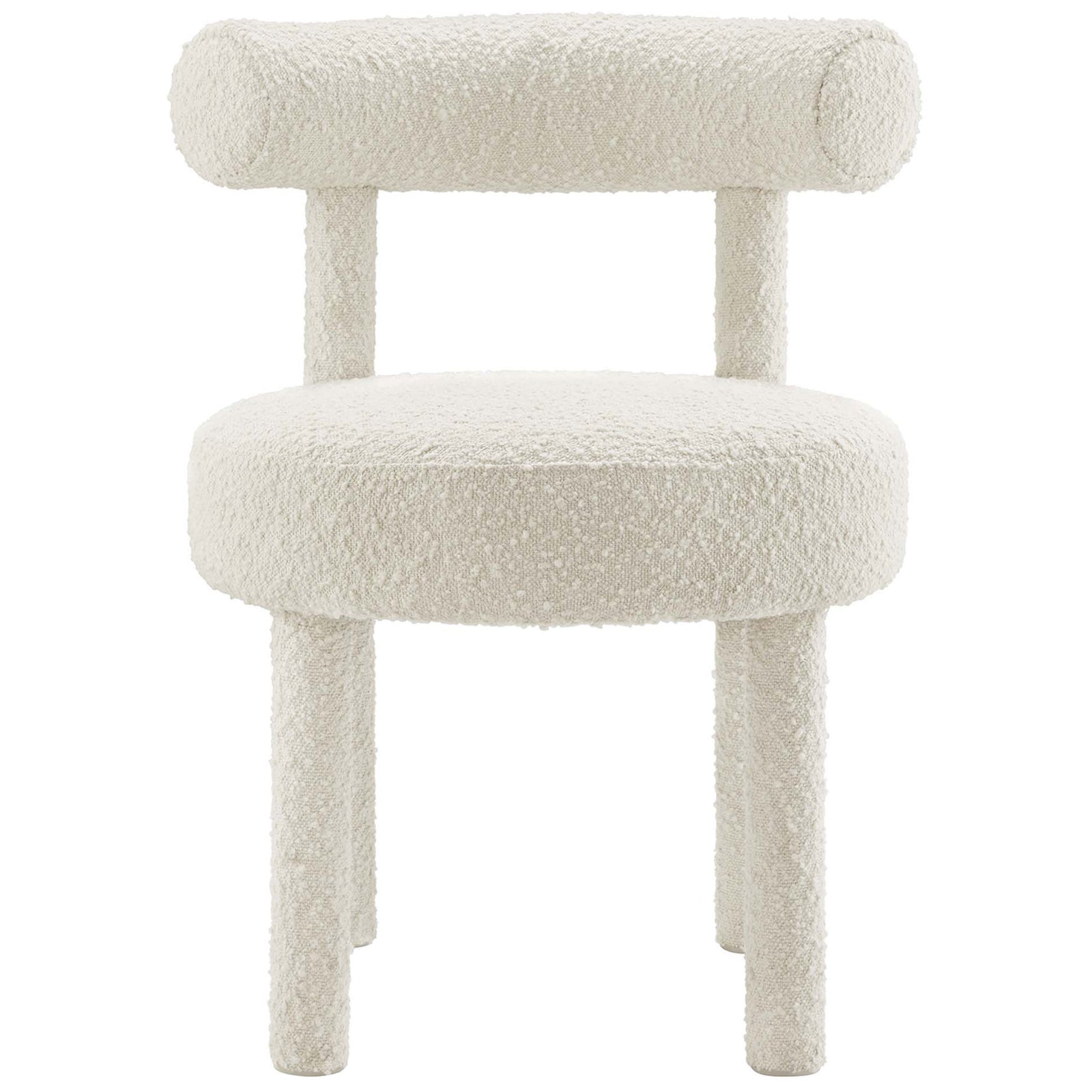 Ivory boucle dining chair with curved bolster back and plush round seat for modern glam comfort || EEI-6387-IVO || front_studio