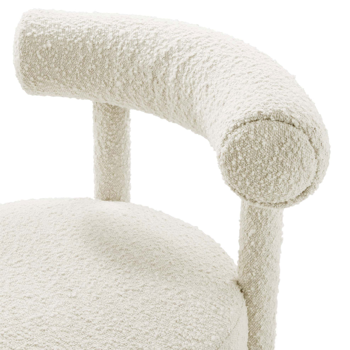 Textured ivory boucle upholstery and smooth curved bolster back detailing on the Toulouse dining chair || EEI-6387-IVO || detail_studio