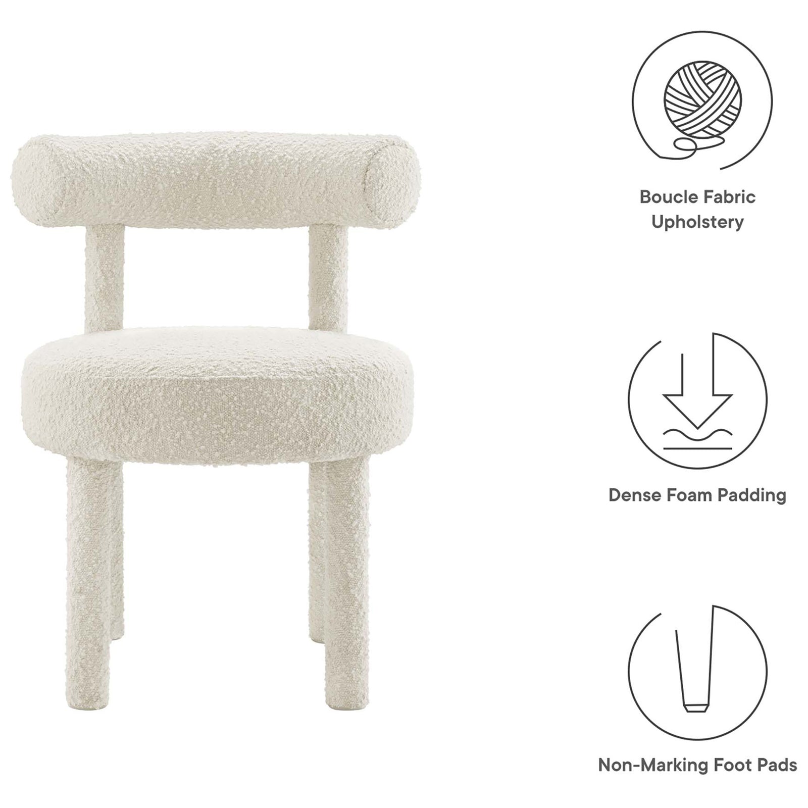 Ivory boucle dining chair with plush foam cushioning, soft boucle fabric, and protective non-marking foot pads || EEI-6387-IVO || callout_studio