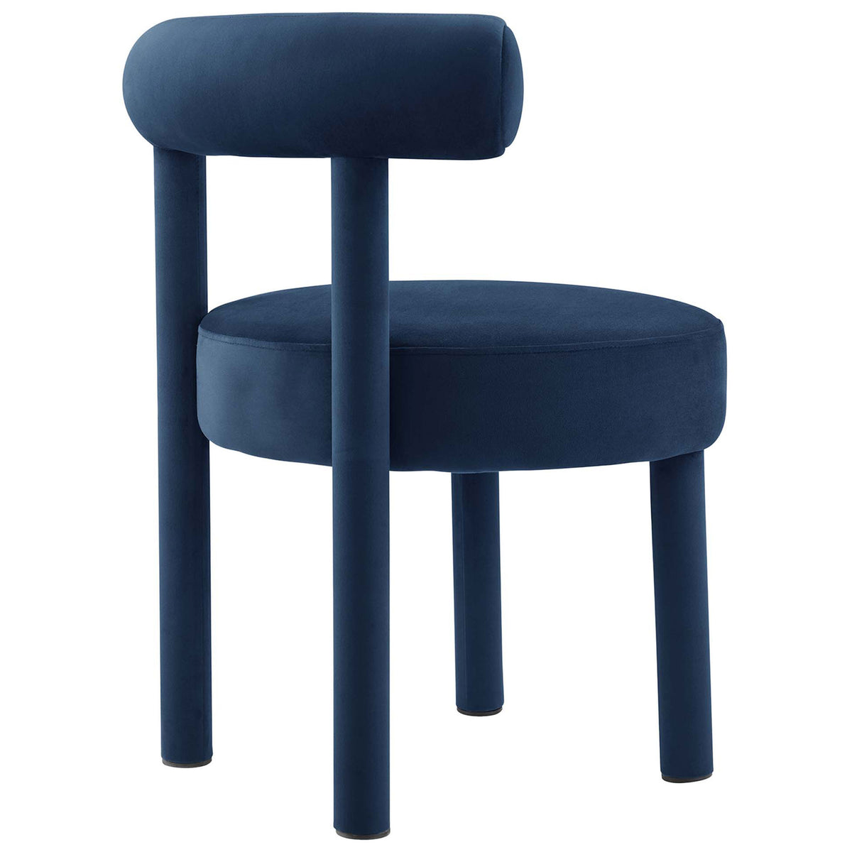 Modern open-back design with wraparound bolster detail brings sculptural style to this midnight blue dining chair || EEI-6388-MID || back_angle_studio