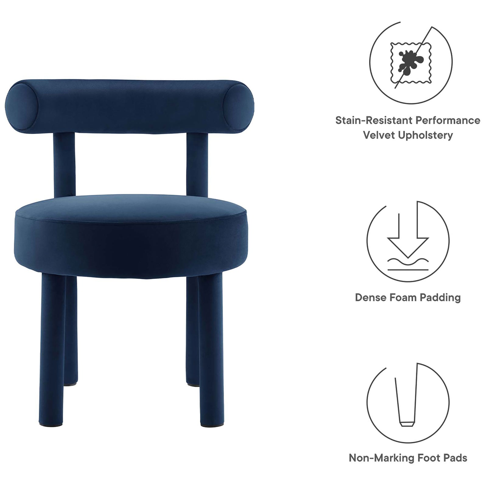 Graphic icons highlight stain-resistant performance velvet, dense foam cushioning, and non-marking foot pads || EEI-6388-MID || callout_studio