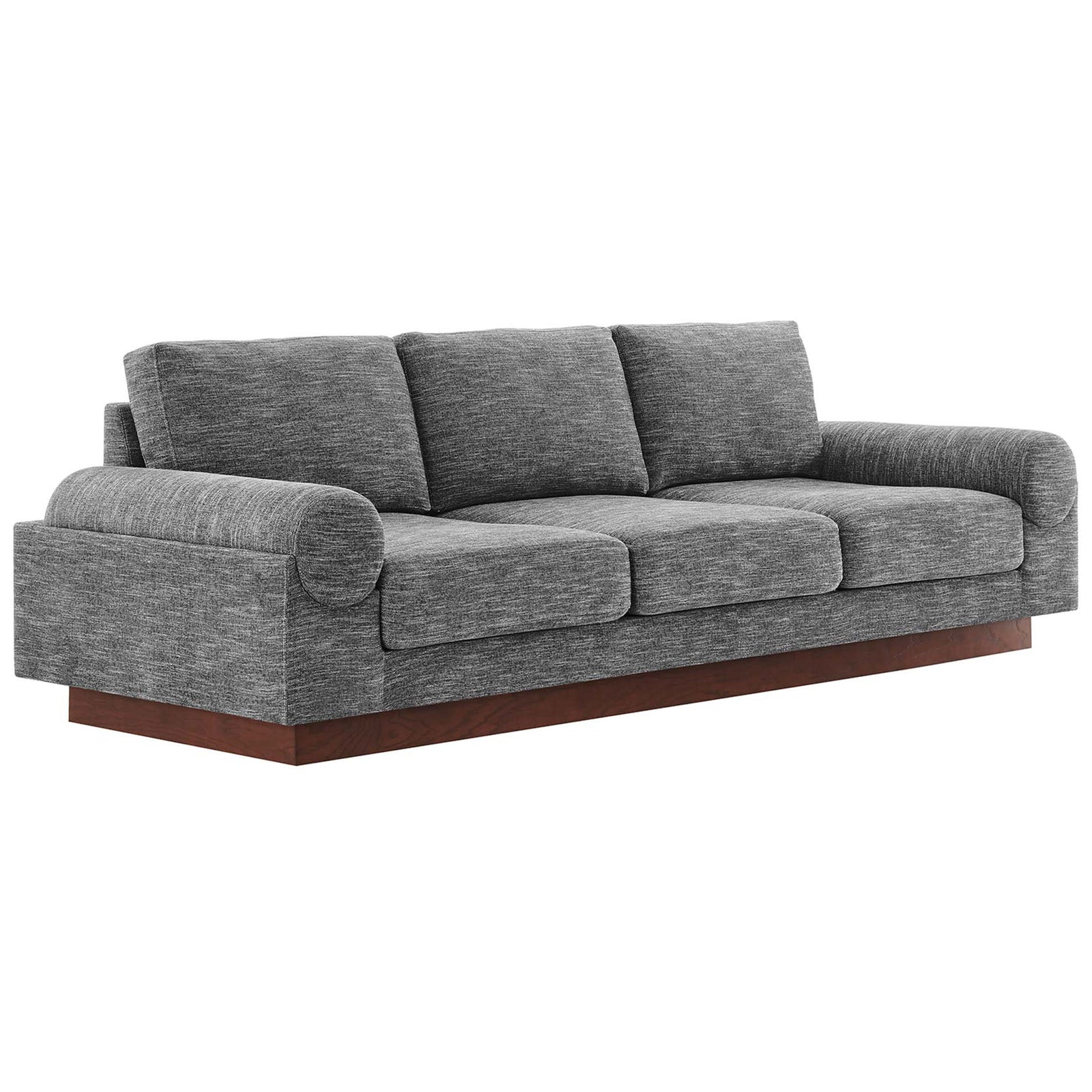 Gray upholstered sofa with bolster armrests and wood plinth base for a sleek modern look || EEI-6401-GRY || front_angle_studio