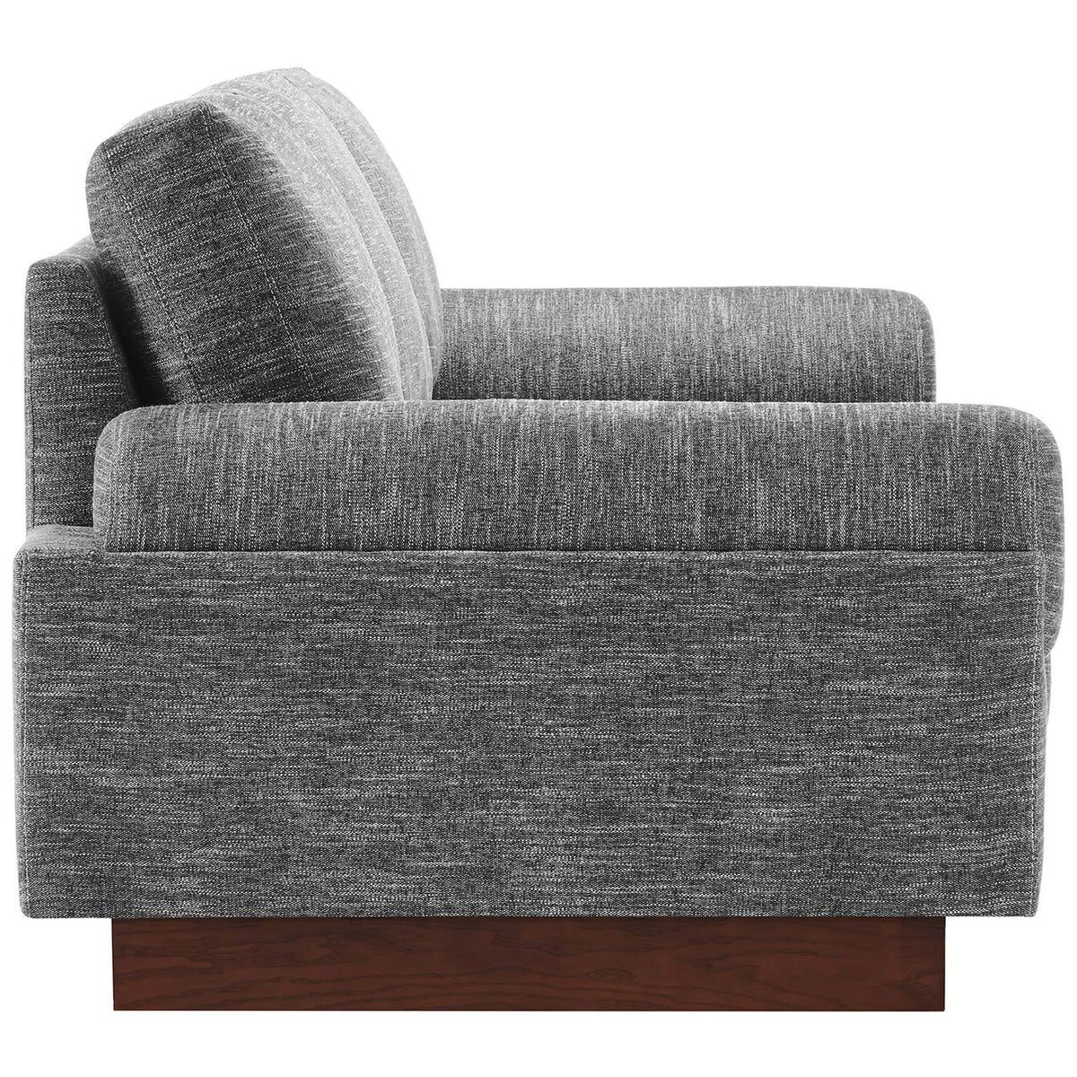 Deep-seat gray sofa with oversized cushions and bolster armrest on a rich wood base || EEI-6401-GRY || side_studio