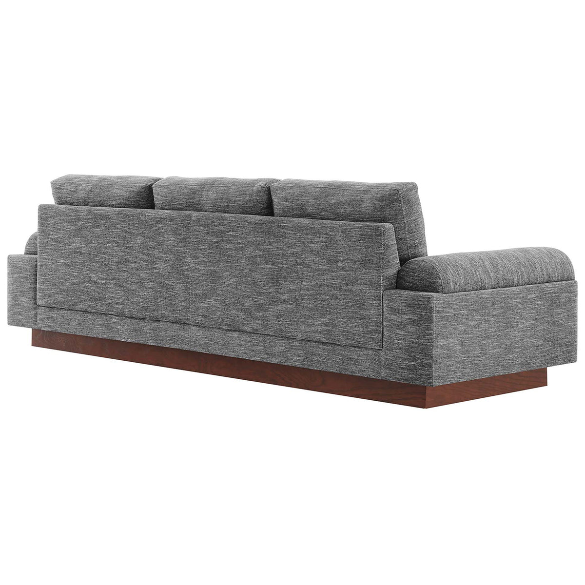 Gray upholstered sofa with fully cushioned back and rounded bolster arms on a wood plinth base || EEI-6401-GRY || back_angle_studio