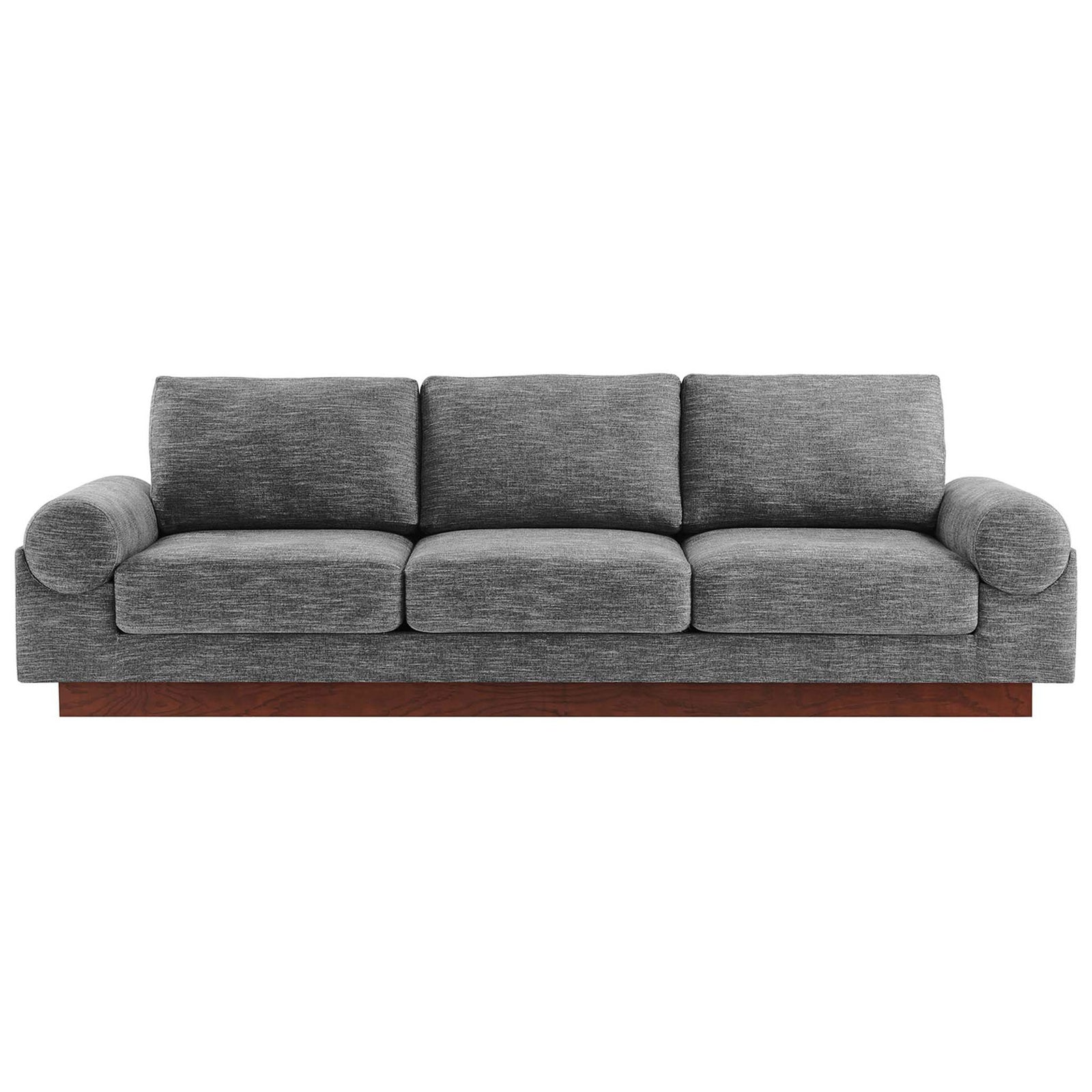 Modern three-seat gray fabric sofa with plush cushions and wide bolster armrests on a wood base || EEI-6401-GRY || front_studio