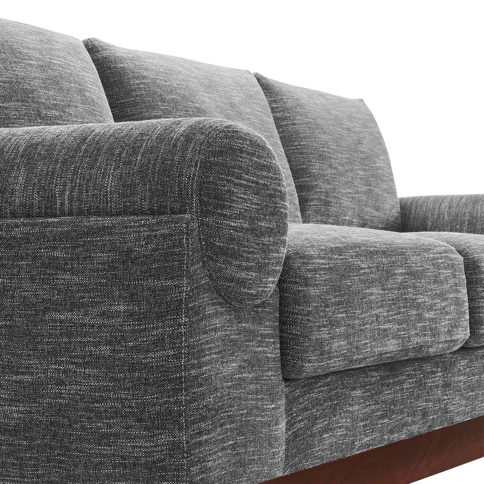 Gray textured upholstery with rounded bolster arm and generously padded seat cushions || EEI-6401-GRY || detail_studio
