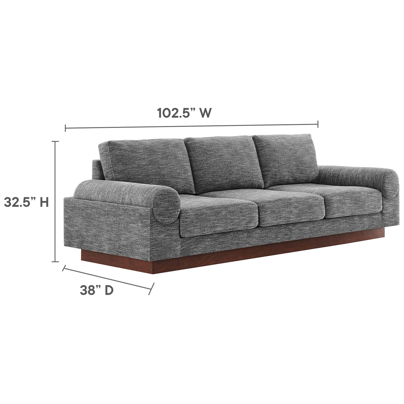 Dimensions of gray upholstered sofa with wood base measuring 102.5 inches wide by 38 inches deep and 32.5 inches high || EEI-6401-GRY || dimension_studio