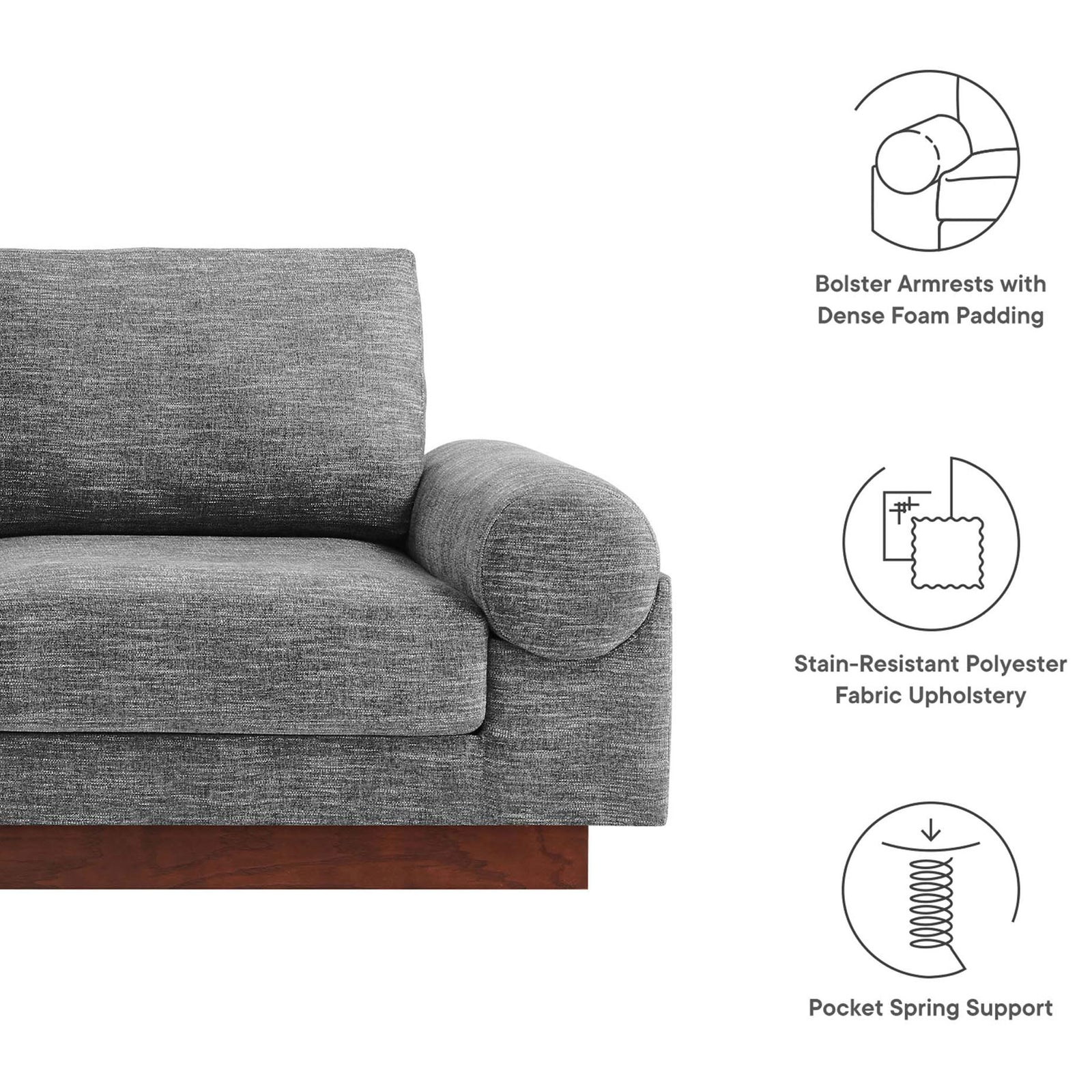 Feature highlights of gray Oasis sofa showing bolster armrests, stain-resistant fabric, and pocket spring support || EEI-6401-GRY || callout_studio