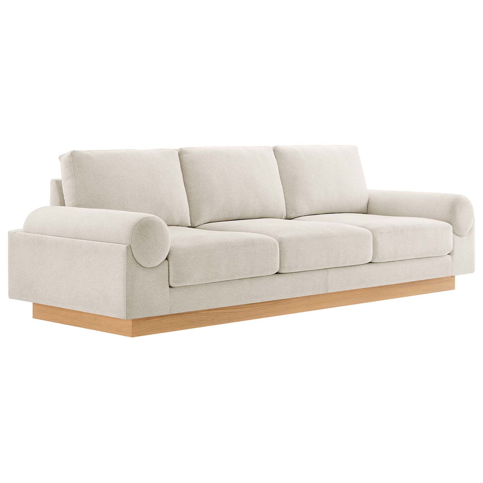 Ivory Oasis sofa with deep cushions, bolster arms, and a warm wood plinth base || EEI-6401-IVO || front_angle_studio