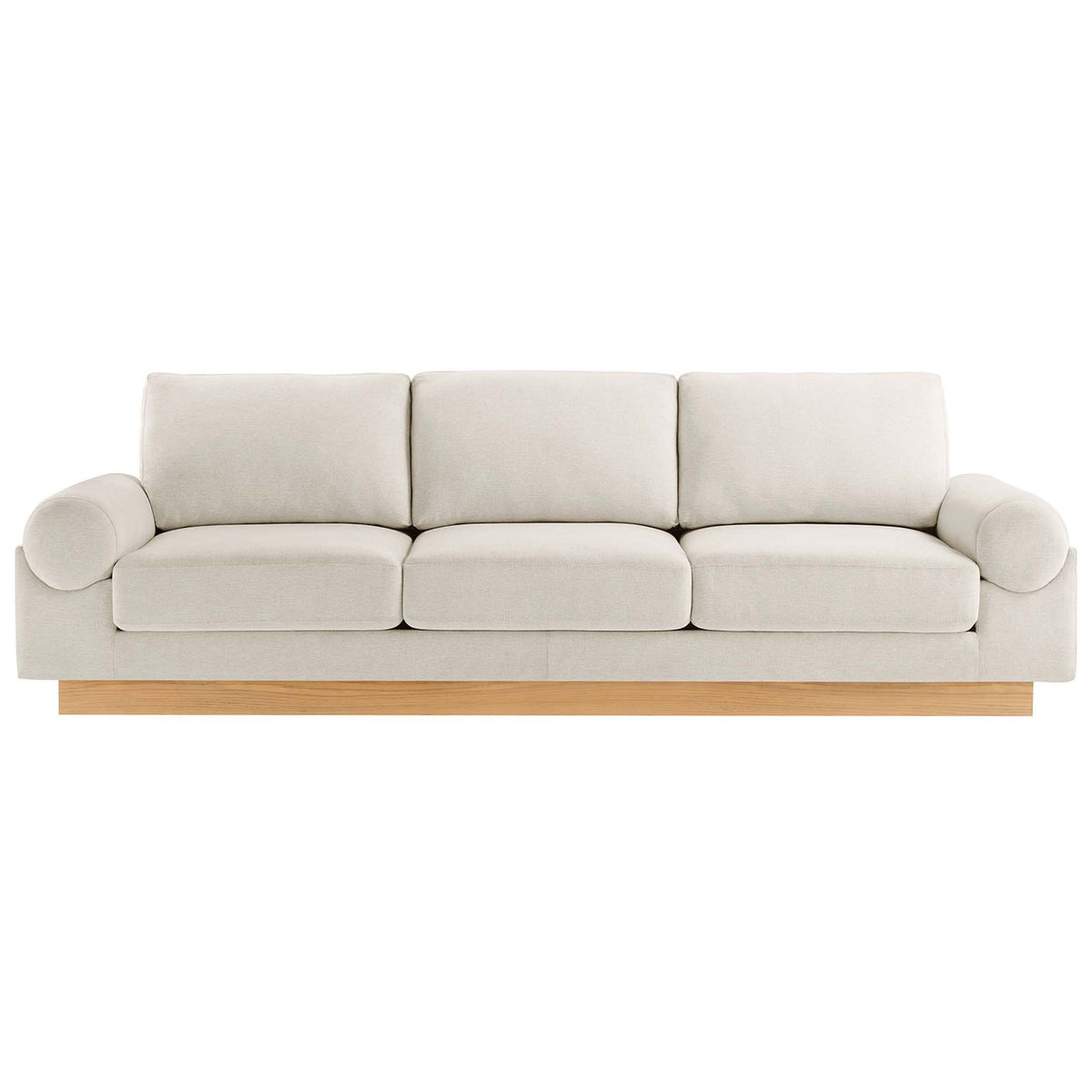 Spacious three seat Oasis sofa in ivory fabric with plush cushions and wood base || EEI-6401-IVO || front_studio