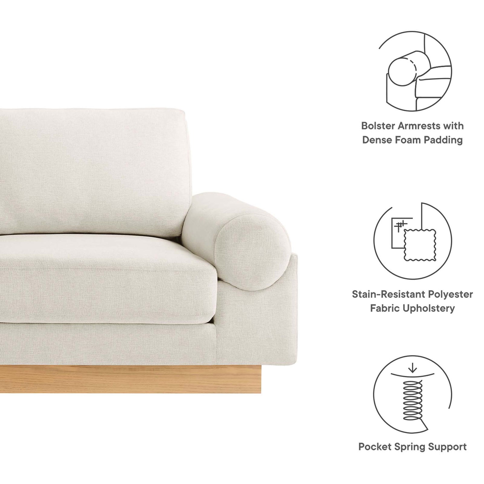 Oasis sofa highlighting dense foam bolster arms, stain resistant fabric, and pocket springs || EEI-6401-IVO || callout_studio