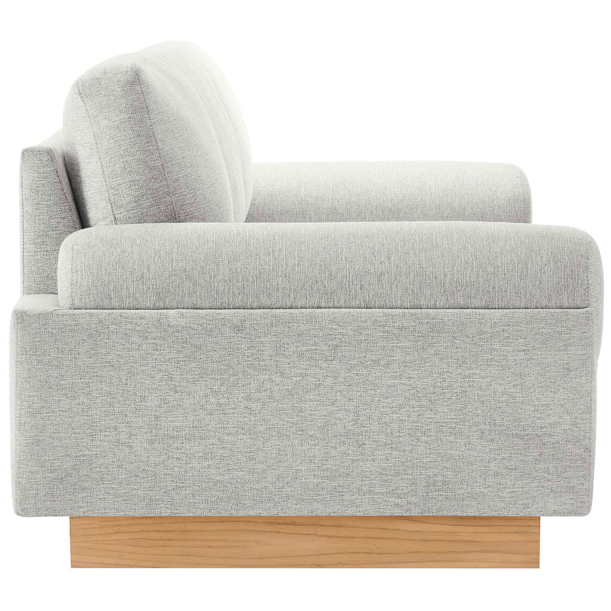 Sculpted light gray sofa highlighting generous armrest and sleek platform-style base || EEI-6401-LGR || side_studio