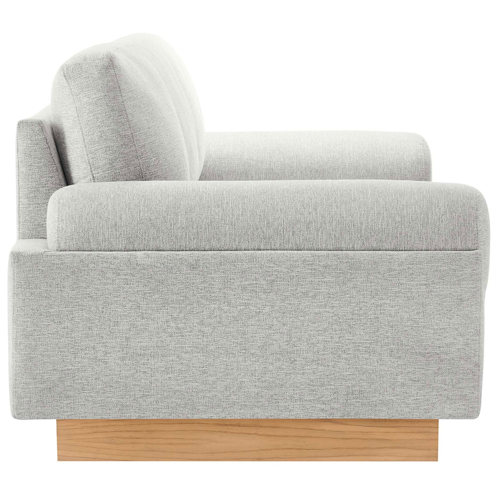 Sculpted light gray sofa highlighting generous armrest and sleek platform-style base || EEI-6401-LGR || side_studio