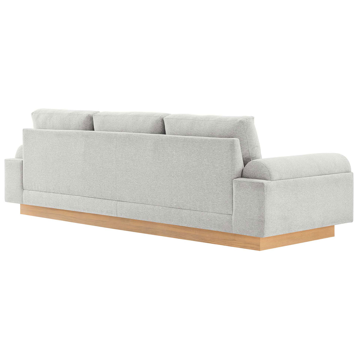 Light gray sofa with tailored back cushions and clean lines over a continuous wood base || EEI-6401-LGR || back_angle_studio
