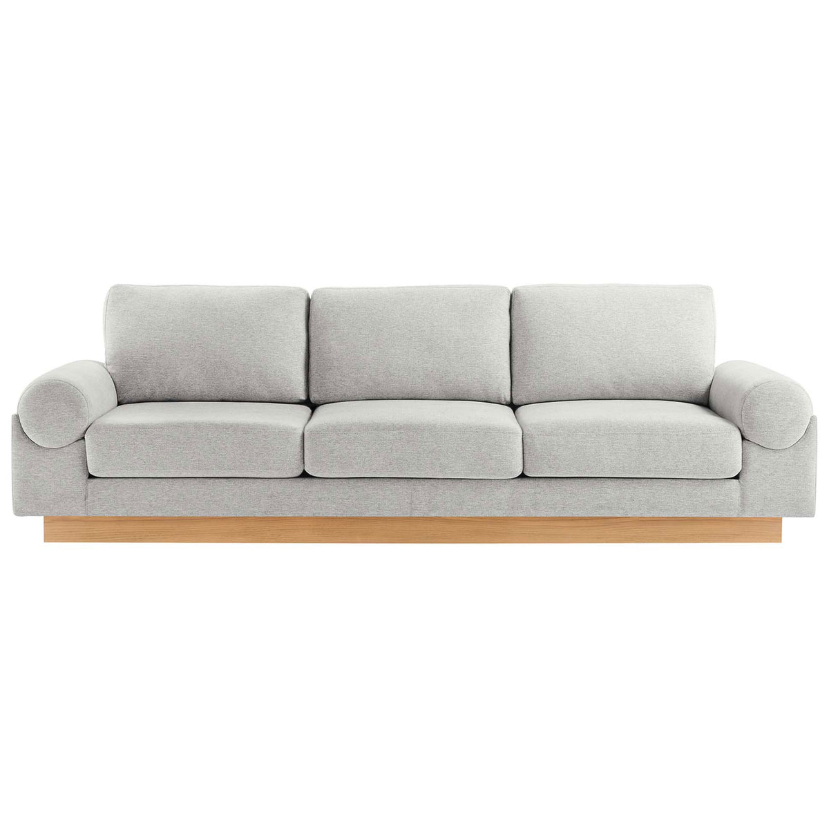 Light gray Oasis sofa with plush cushions and wood plinth base for modern living rooms || EEI-6401-LGR || front_studio