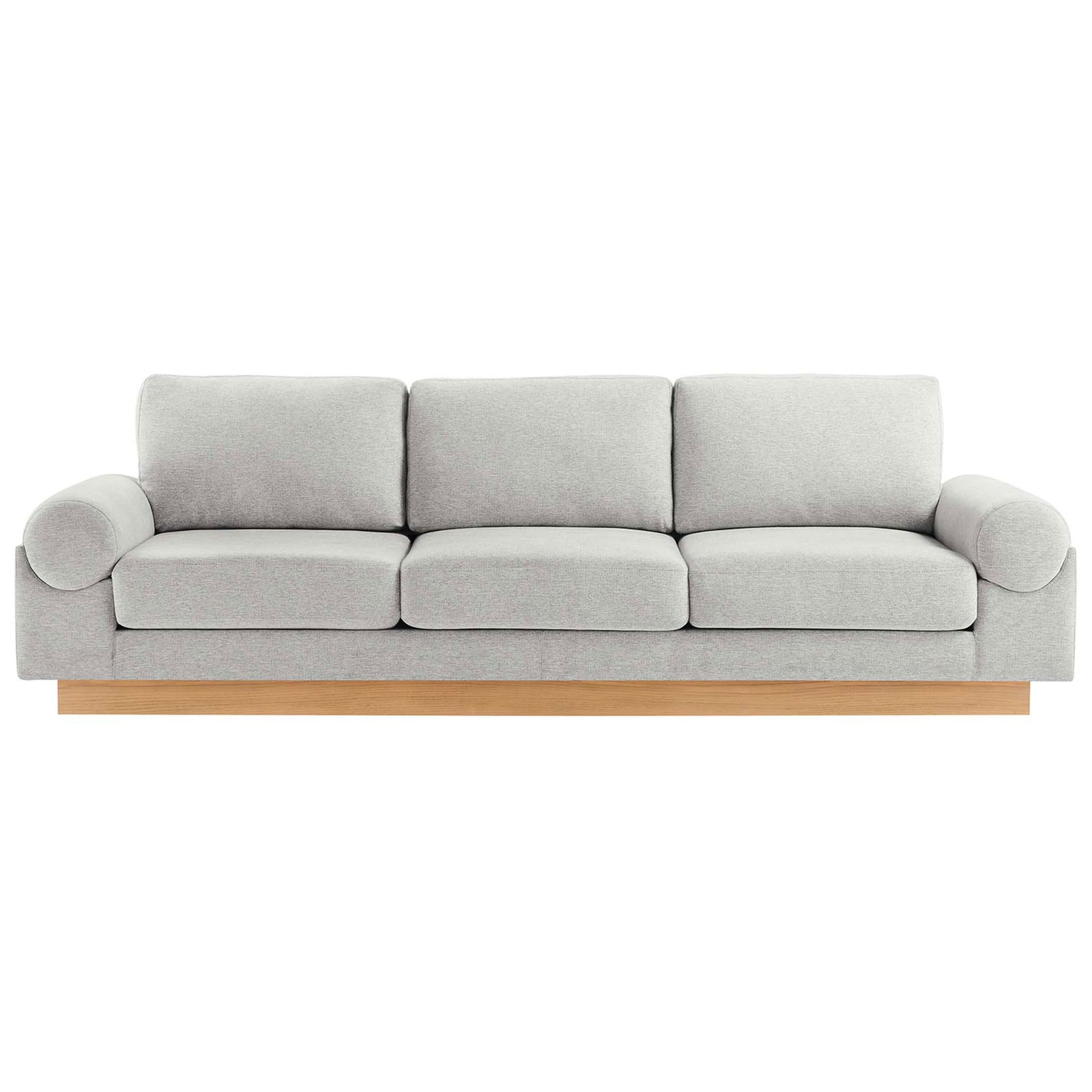 Light gray Oasis sofa with plush cushions and wood plinth base for modern living rooms || EEI-6401-LGR || front_studio