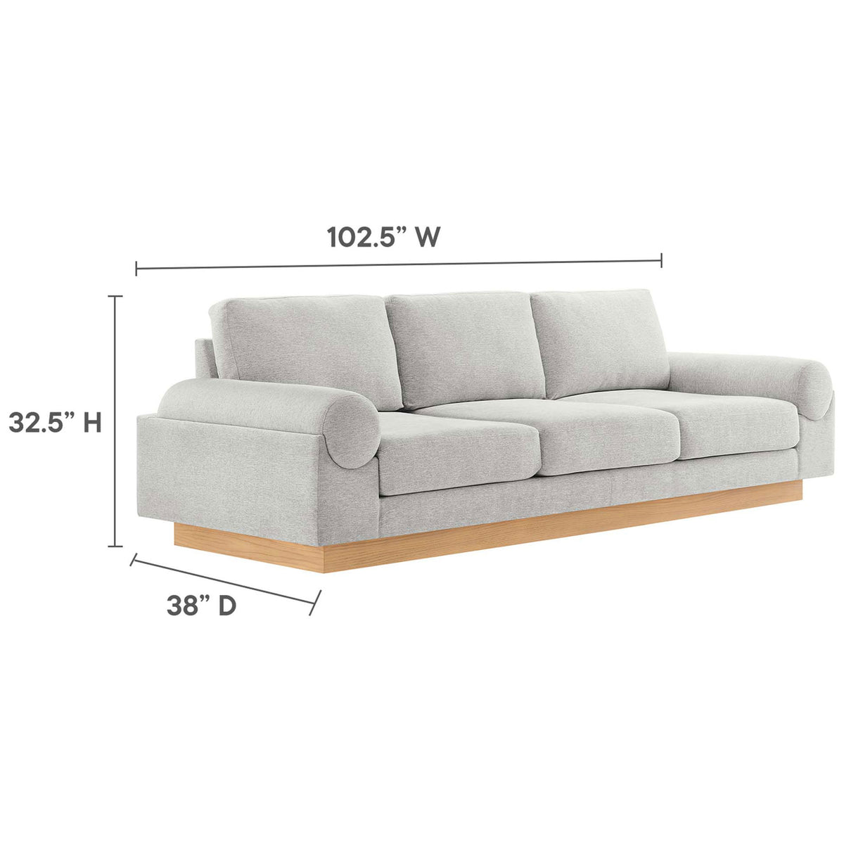 Overall dimensions of the light gray Oasis sofa with generous seating and wood plinth base || EEI-6401-LGR || dimension_studio