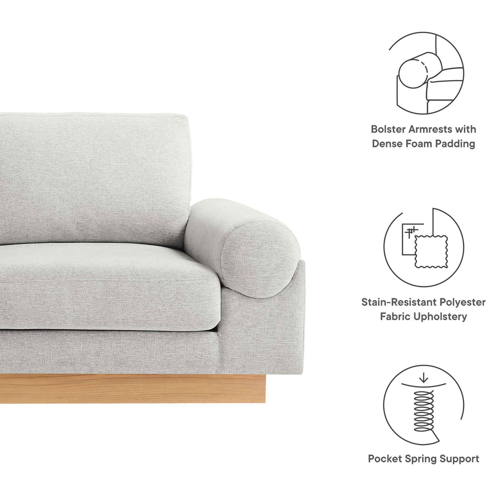 Features of the Oasis sofa including bolster armrests, stain-resistant fabric, and pocket spring support || EEI-6401-LGR || callout_studio