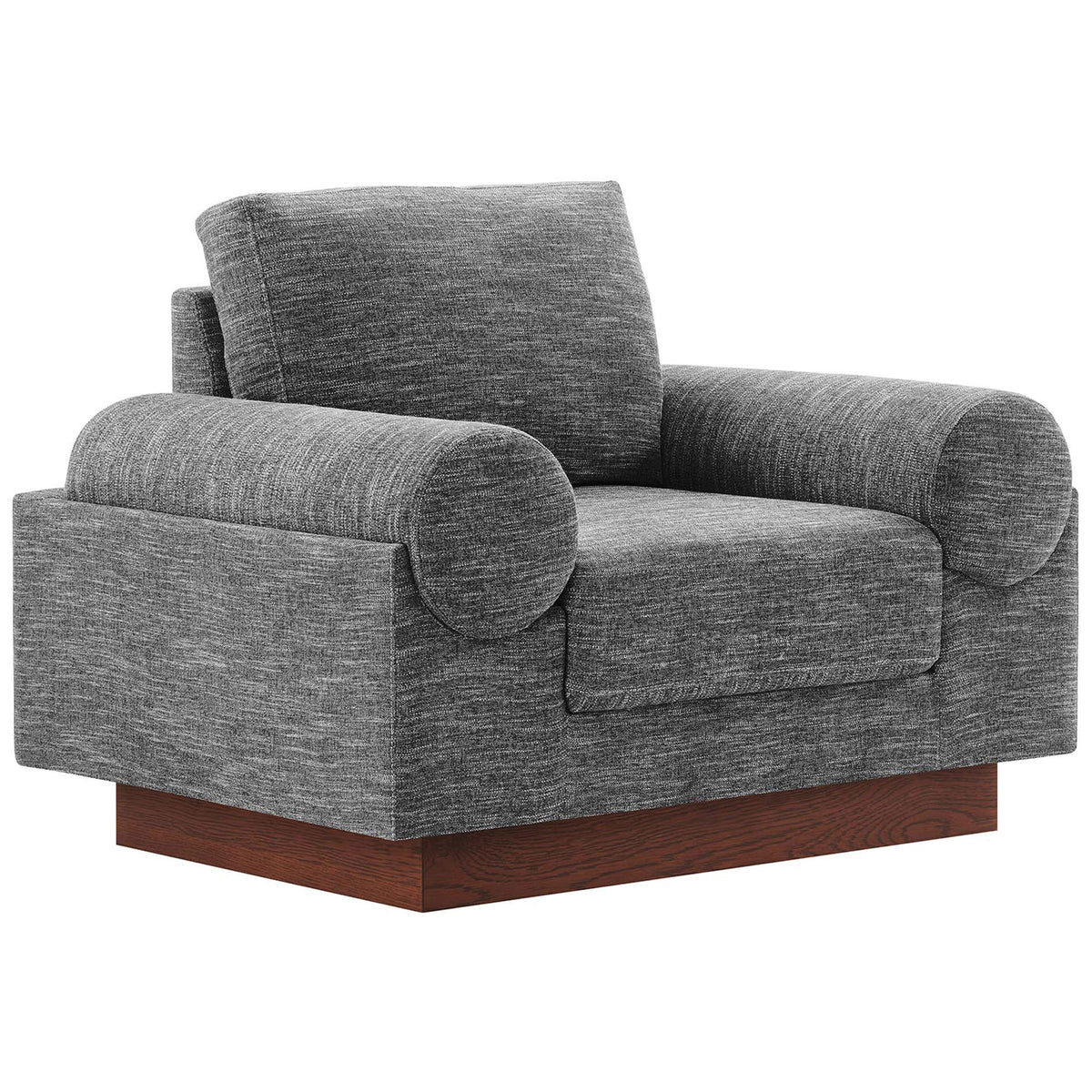 Modern gray armchair showcasing plush cushions, rounded bolster armrests, and a rich wood base || EEI-6402-GRY || front_angle_studio