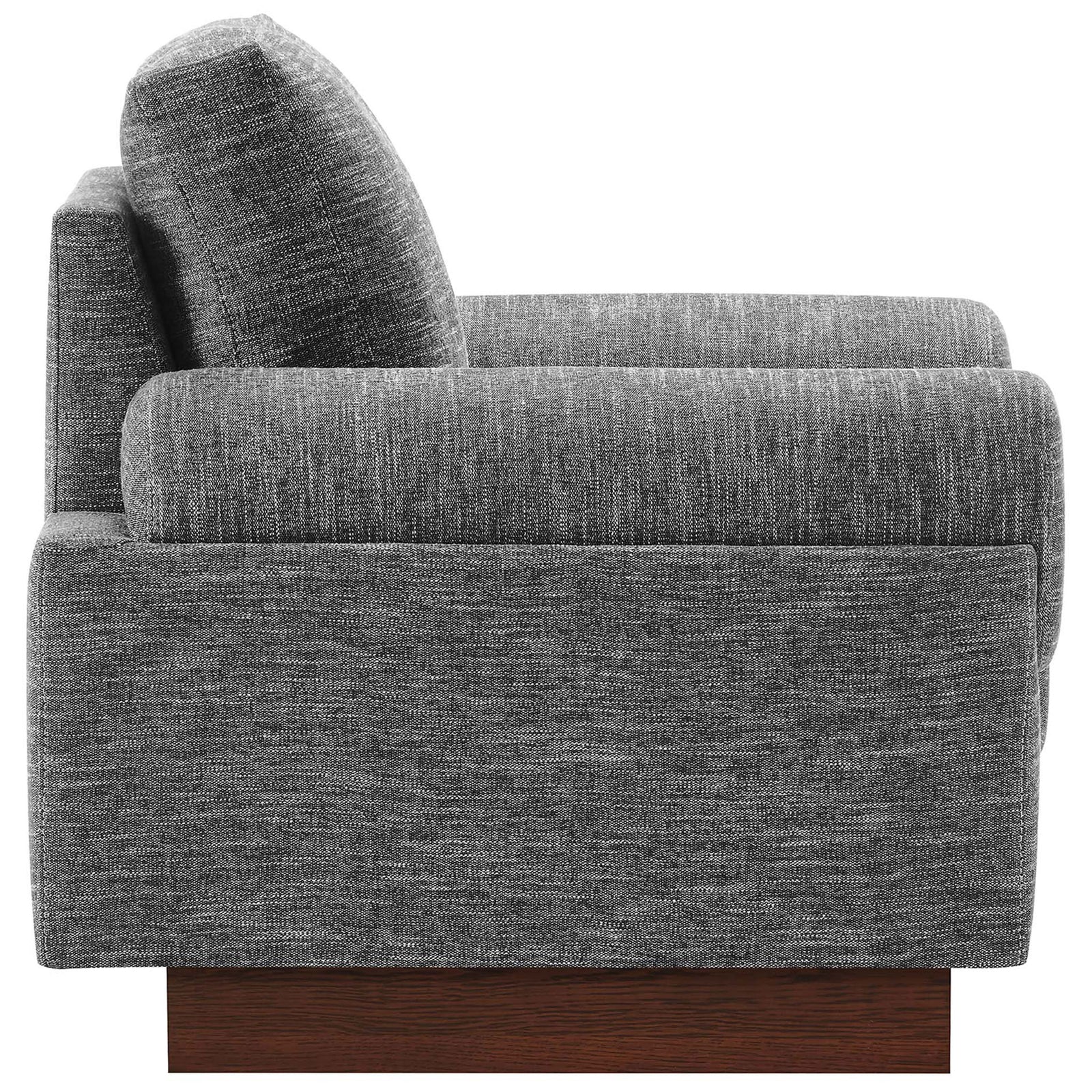 Streamlined profile with thick seat cushion, cylindrical arm, and low wood platform base || EEI-6402-GRY || side_studio