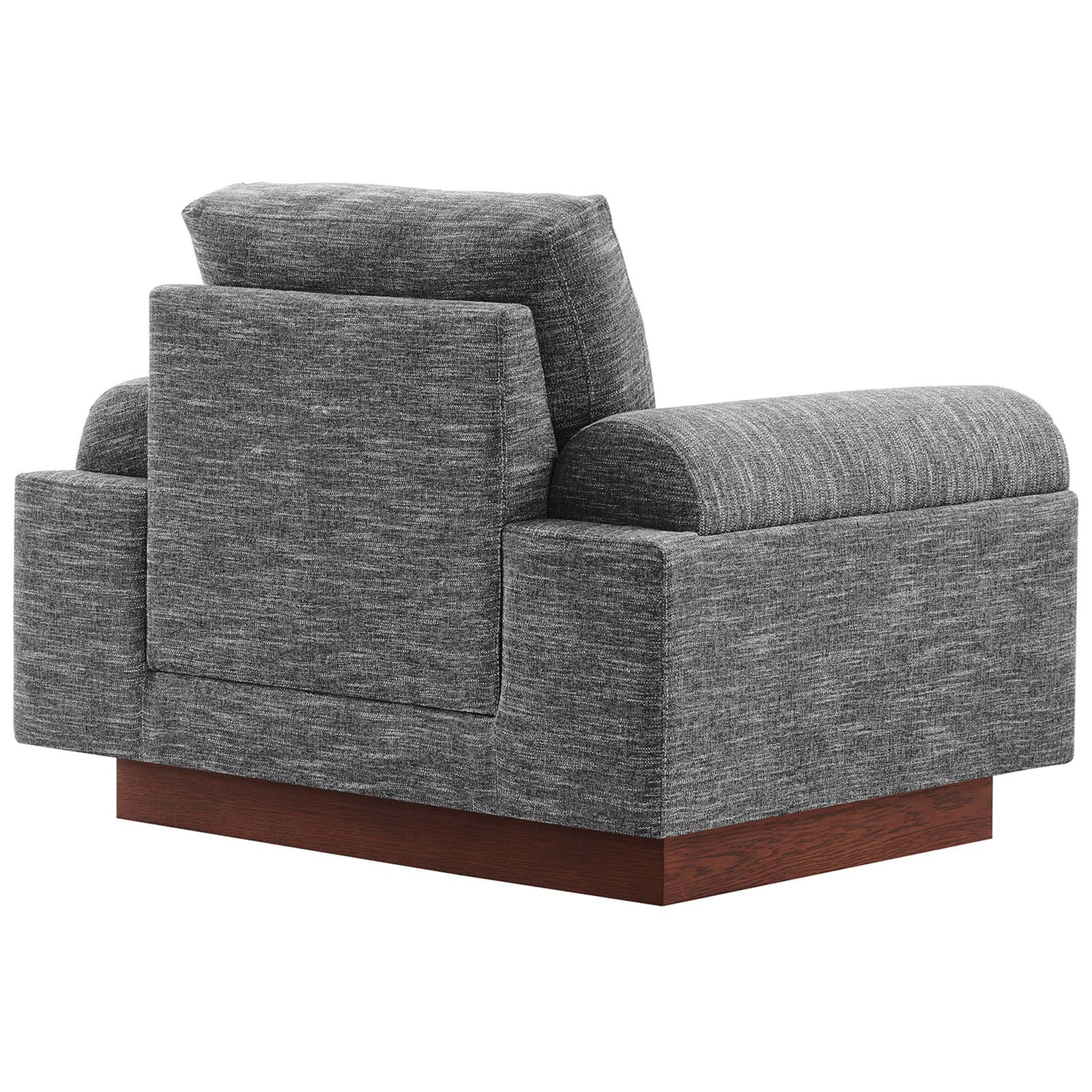Sculpted back cushion and tailored upholstery meet a warm wood plinth for a refined look || EEI-6402-GRY || back_angle_studio