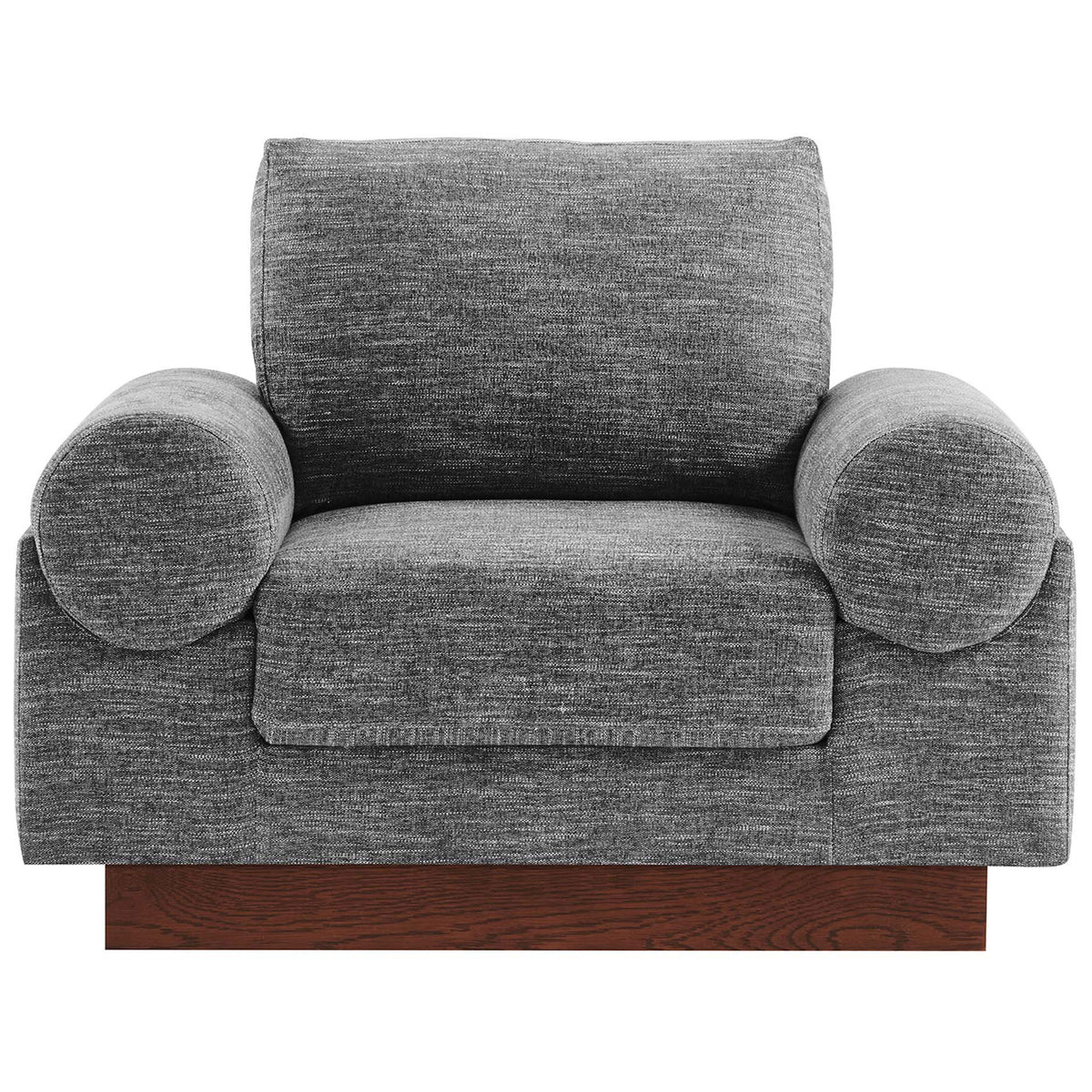 Gray fabric armchair with oversized bolster arms, deep seat, and wood plinth base || EEI-6402-GRY || front_studio