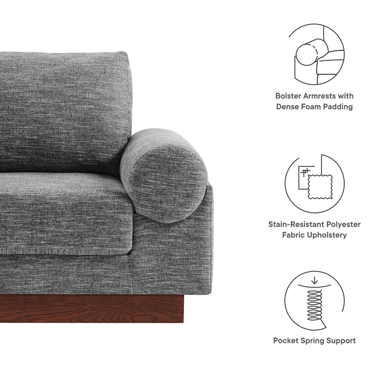 Bolster armrests, stain-resistant fabric, and pocket spring support for lasting comfort || EEI-6402-GRY || callout_studio