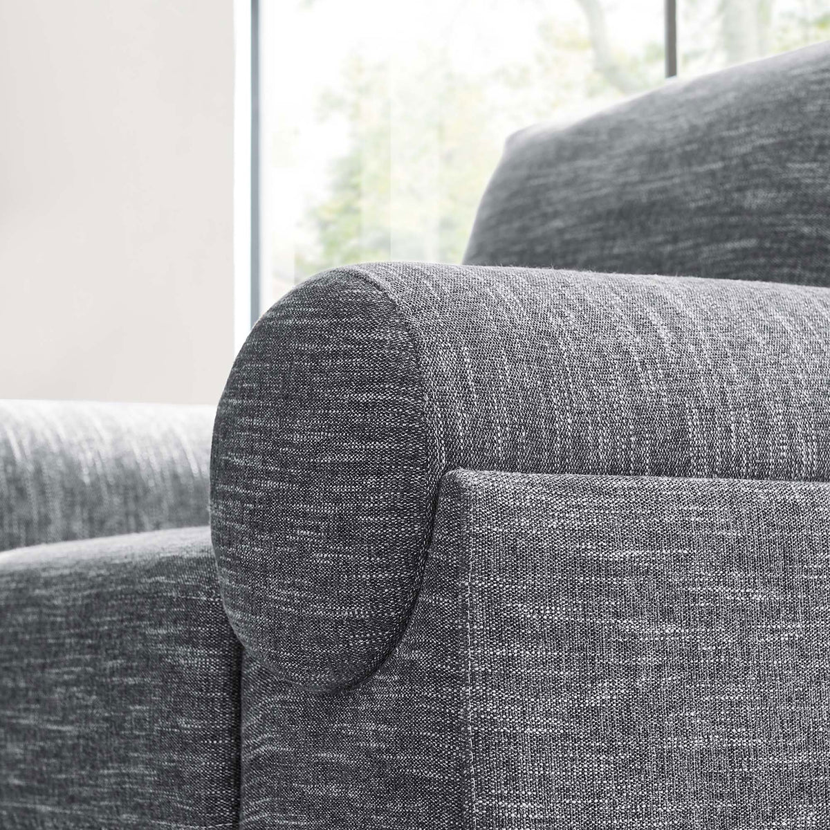 Textured gray fabric wraps the rounded bolster arm for a soft, inviting feel || EEI-6402-GRY || detail_room