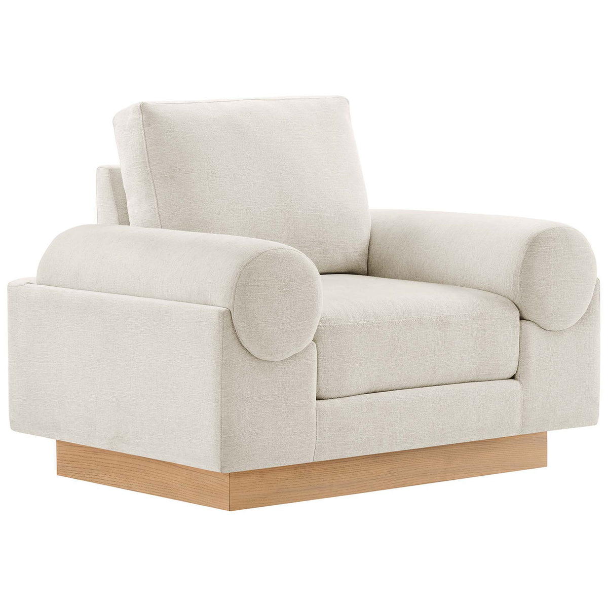 Ivory armchair with oversized bolster arms and wood plinth base for a modern, cozy look || EEI-6402-IVO || front_angle_studio