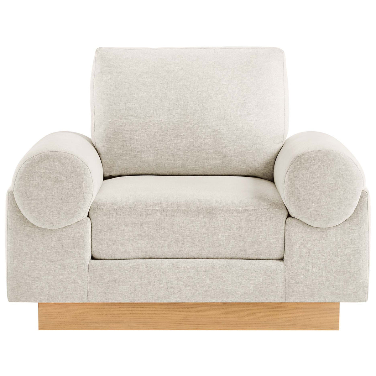 Generous seat and round bolster arms in stain-resistant ivory fabric on a sleek wood plinth base || EEI-6402-IVO || front_studio