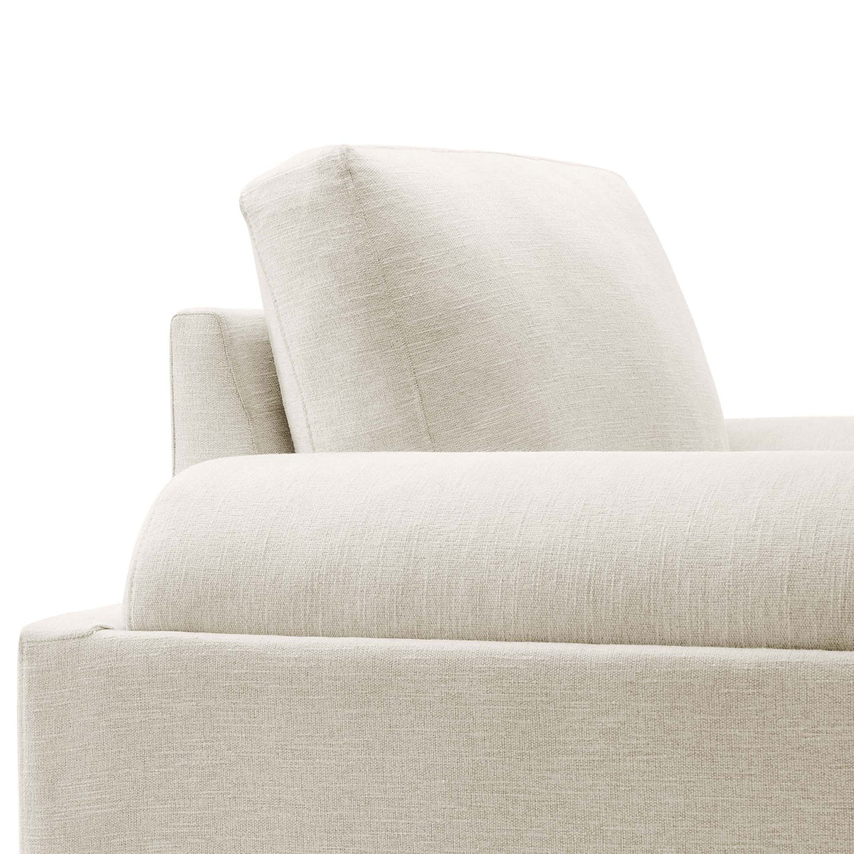 Plush back cushion and rounded bolster arm in textured ivory upholstery || EEI-6402-IVO || detail_studio