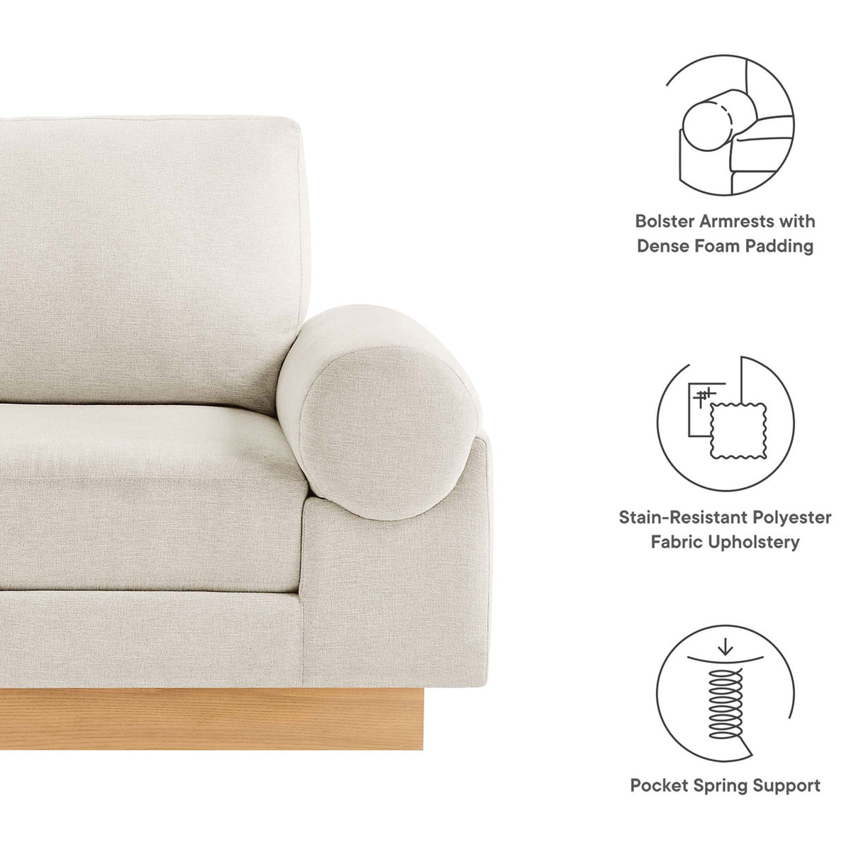 Bolster armrests, stain-resistant fabric, and pocket-spring support for durable comfort || EEI-6402-IVO || callout_studio