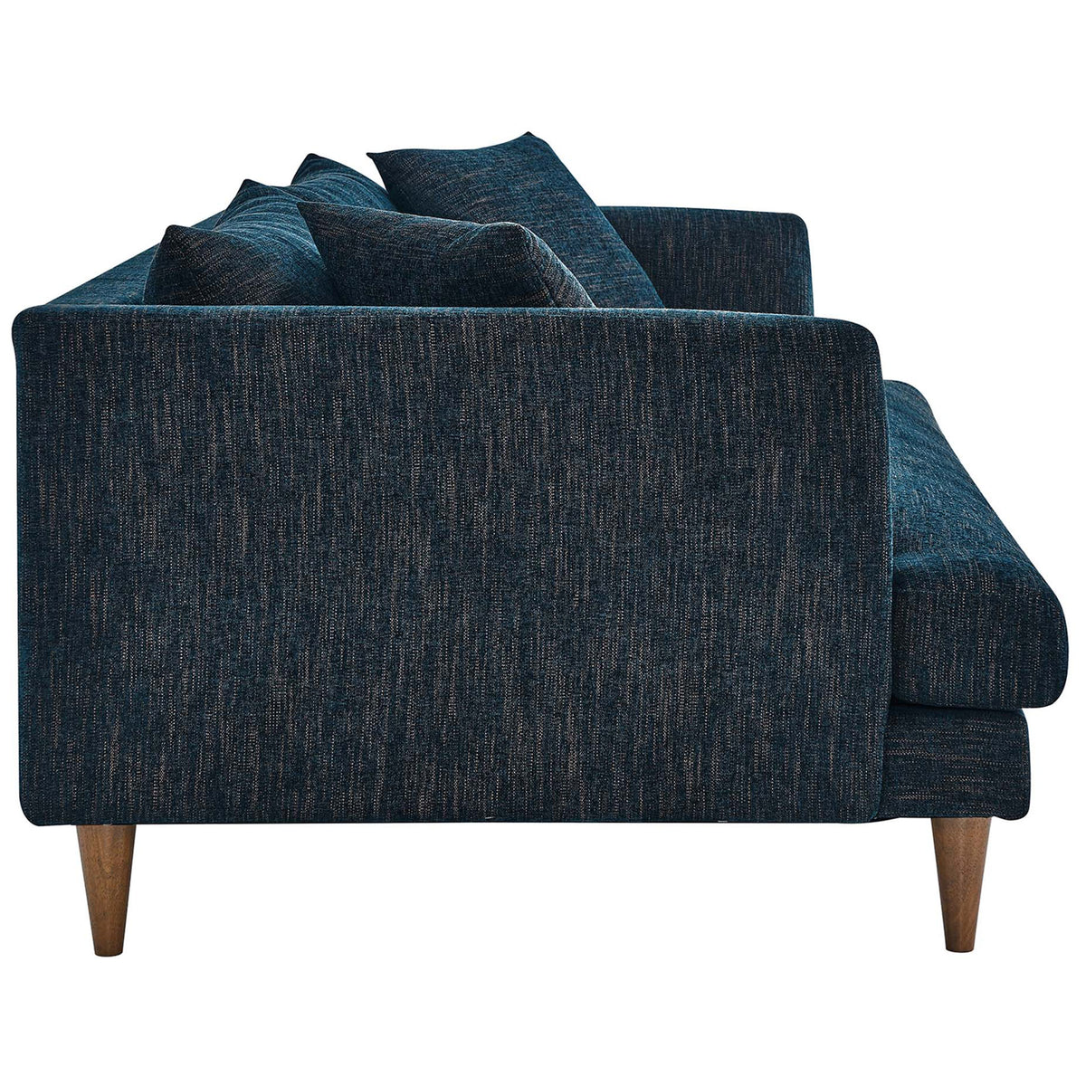 Streamlined profile shows the textured navy upholstery, sloped arms, and slim seat of this modern Zoya sofa || EEI-6405-HEA || side_studio