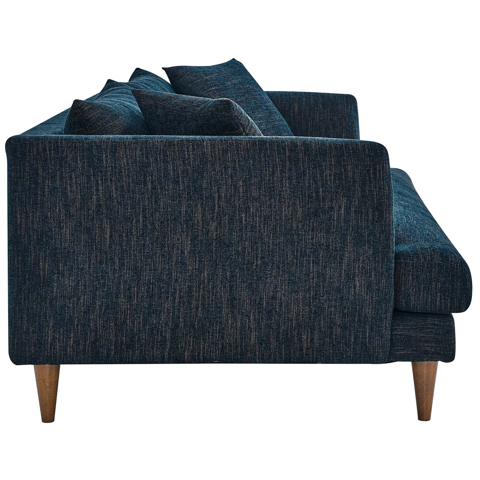 Streamlined profile shows the textured navy upholstery, sloped arms, and slim seat of this modern Zoya sofa || EEI-6405-HEA || side_studio