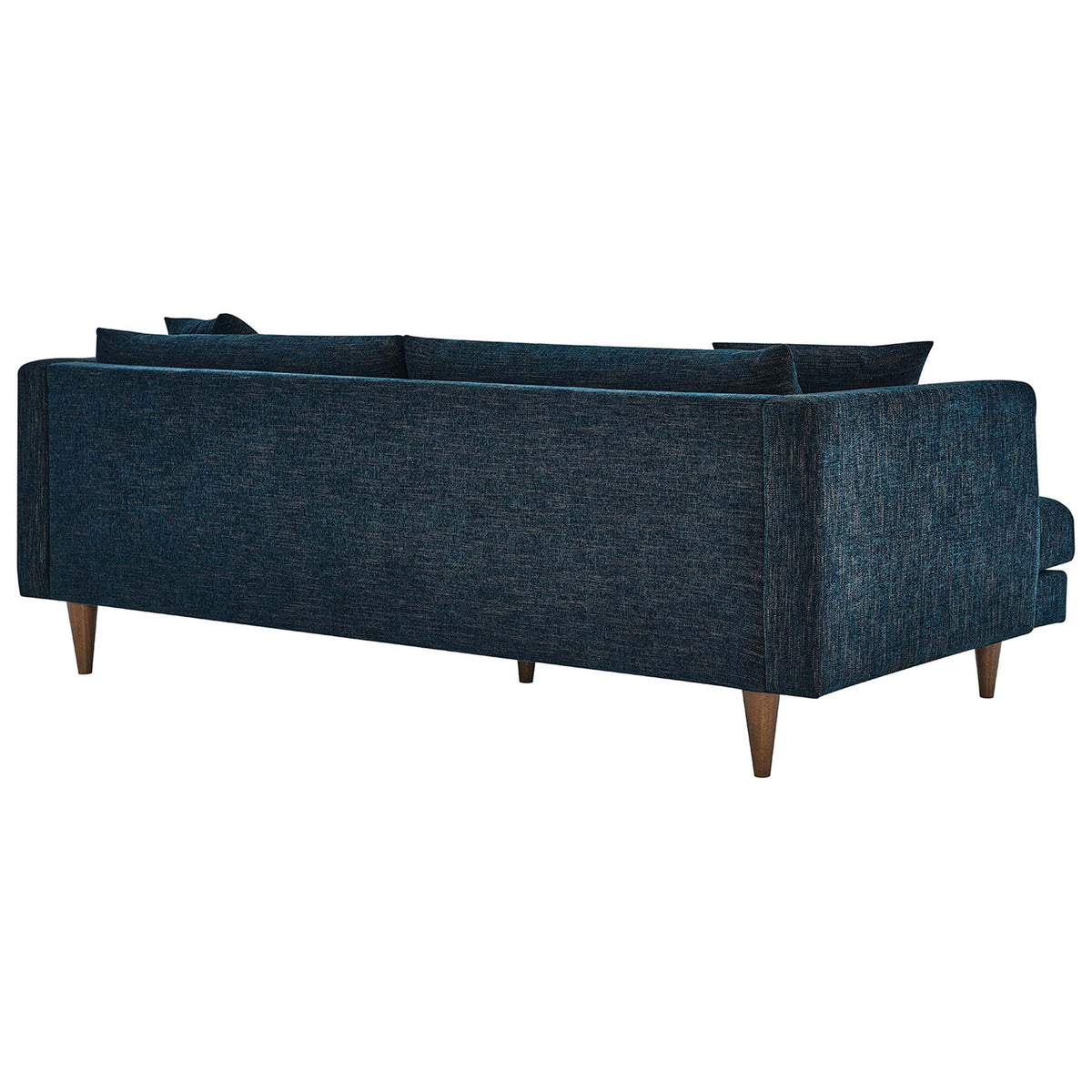 Clean-lined back of the Zoya sofa in rich navy fabric with tailored seams and warm tapered wood legs || EEI-6405-HEA || back_angle_studio